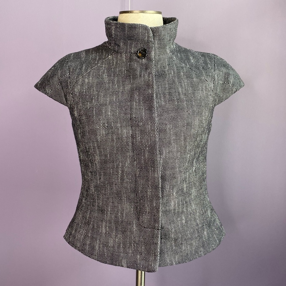 Banana Republic Black Off White Tweed Crop Jacket Cap Sleeve Equestrian Women P4